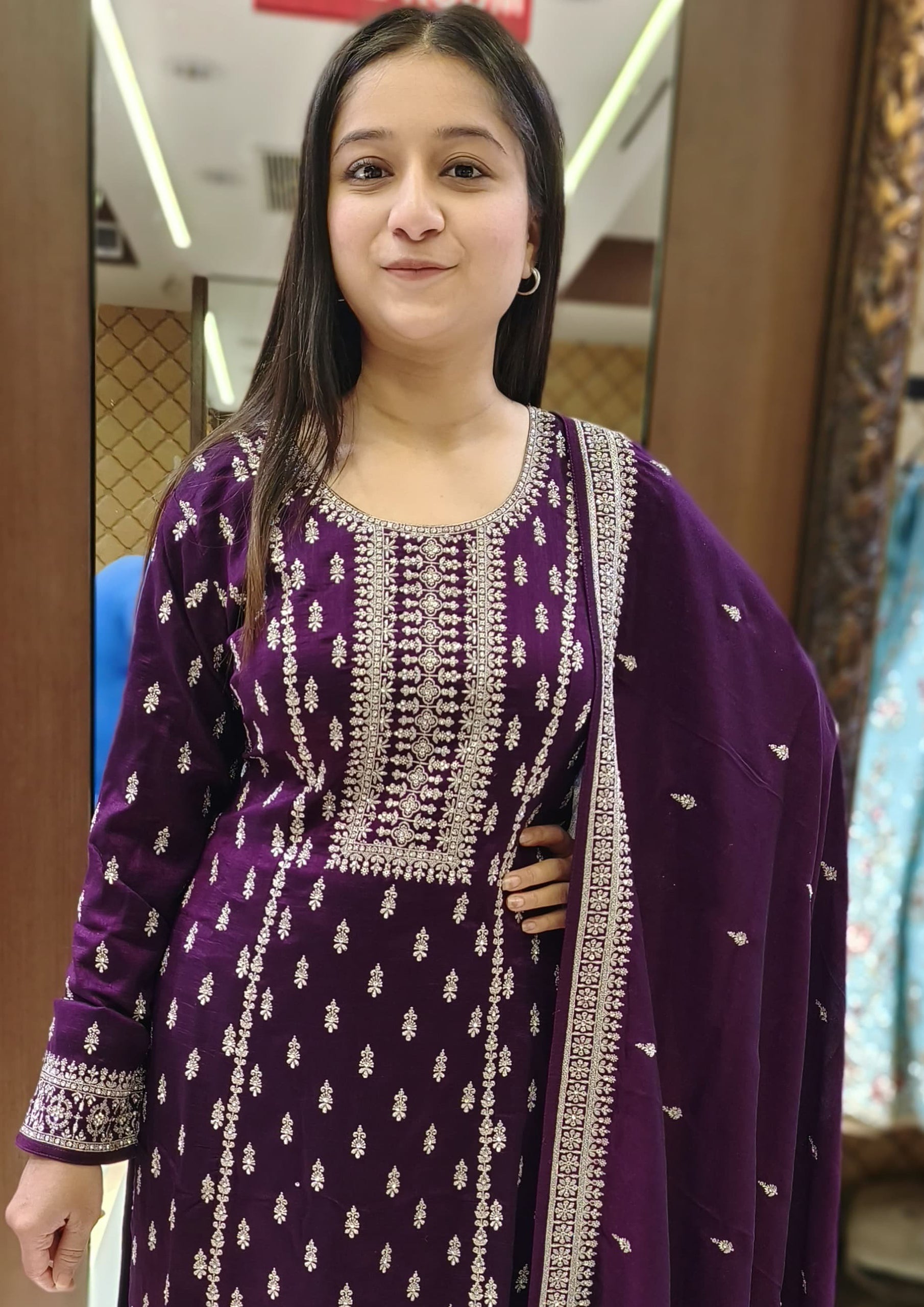 Purple Color Silk Zari Embroidered Straight Cut Salwar Suit